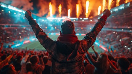 Fan at a football stadium with arms up among fireworks and lights