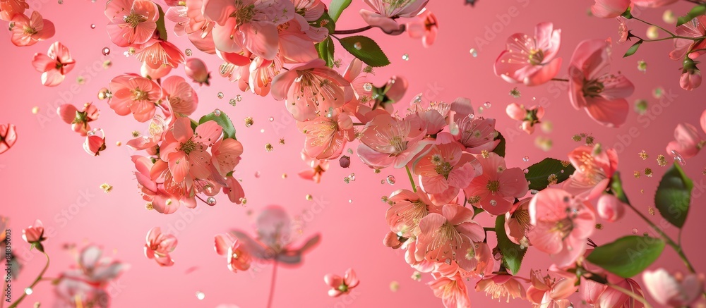 Wall mural Engaging and natural version: Stunning pink quince blossoms floating in the air against a pink backdrop, capturing the essence of spring with zero gravity effect - high-quality image