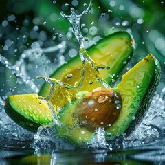 Ripe and juicy avocado on a dark background. Drops of splashing water around the avocado.