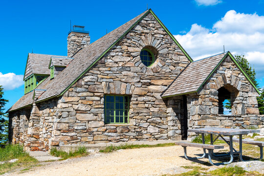 The stacked stone vista house overlooking the lakes and valleys below at the top of Mount Spokane at the Mt Spokane State Park in Spokane, Washington, USA.