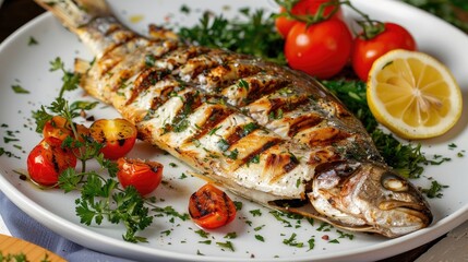 a perfectly grilled whole fish, steamed to perfection, accompanied by fresh tomatoes and garnished with herbs for an enticing presentation.