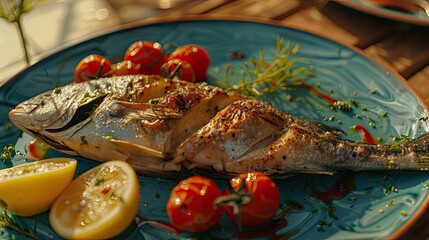 a perfectly grilled whole fish, steamed to perfection, accompanied by fresh tomatoes and garnished with herbs for an enticing presentation.