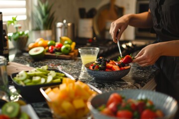 Fresh Fruit Salad Preparation in a Vibrant Kitchen Setting - Perfect for Healthy Living Designs