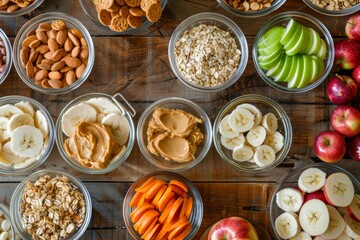 Healthy Snack Variety: Apples, Almond Butter, Granola, Nuts, and Fresh Fruits on Wooden Table