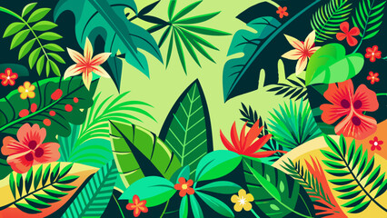 Dense tropical foliage with vibrant flowers and green leaves. Summer style floral background with colorful palm leaves and botanical tropic leaves. Lush jungle scene with colorful tropical flora