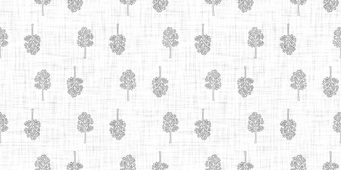 White neutral minimal woodland tree motif with Linen effect texture for baby nursery seamless background. Modern muted simple soft motif pattern for wallpaper, home decor white gray design. 