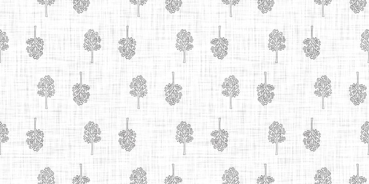 White neutral minimal woodland tree motif with Linen effect texture for baby nursery seamless background. Modern muted simple soft motif pattern for wallpaper, home decor white gray design. 