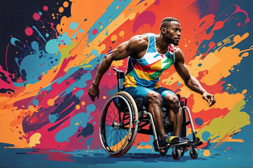 Illustration of disabled African athlete, man with disability competing at sports event in wheelchair, at the olympic games. Paralympic games, colourful illustration