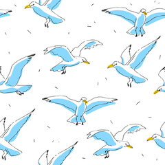 Fototapeta premium Vector hand-drawn seamless pattern with seagulls isolated on white background. Endless texture with flying gulls in sketch style.