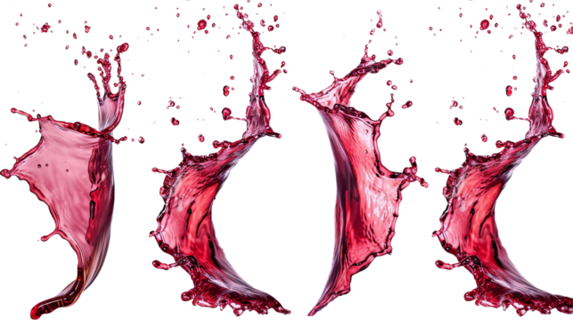 Wine splash realistic set of isolated sprays of liquid red wine with drops on transparent background.