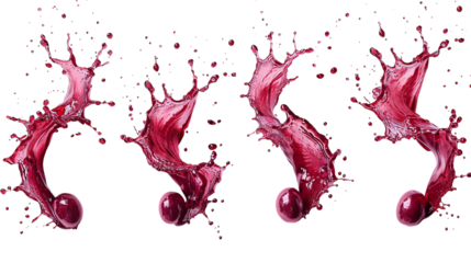 Set of red vine splashes with grape berries, cut out. Realistic grape splash. Wine berries in flying red liquids, vines in juice, dessert alcoholic drink. vine drops.