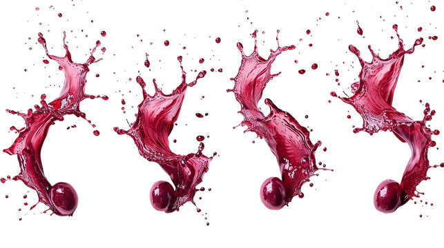 Set of red vine splashes with grape berries, cut out. Realistic grape splash. Wine berries in flying red liquids, vines in juice, dessert alcoholic drink. vine drops.
