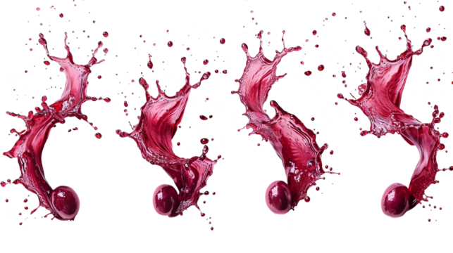 Set of red vine splashes with grape berries, cut out. Realistic grape splash. Wine berries in flying red liquids, vines in juice, dessert alcoholic drink. vine drops.