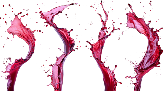 Wine splash realistic set of isolated sprays of liquid red wine with drops on transparent background.