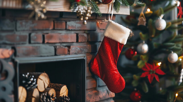 Christmas stocking hanging on the fireplace with a Christmas tree in the background