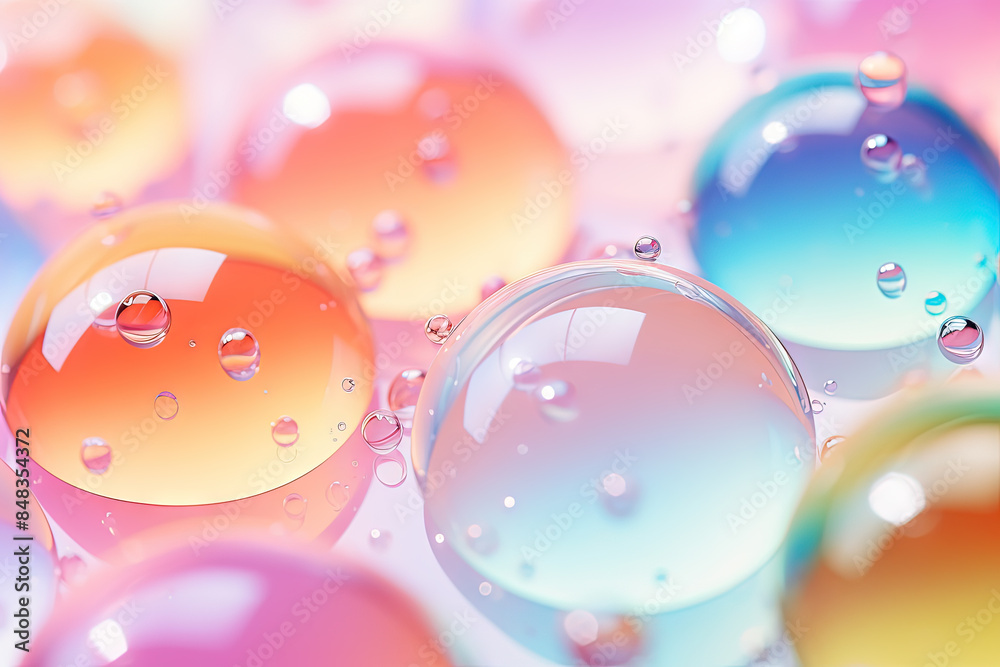 Poster pink holographic bubbles floating on the soft colorful abstract background in beautiful vivid tones.