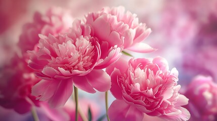 A cluster of radiant pink peonies in full bloom showcases their delicate petals and vibrant color, epitomizing nature's elegance and charm.