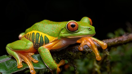 Obraz premium A green frog with orange accents sits on a branch, its striking eyes and detailed skin catching the viewer's attention.