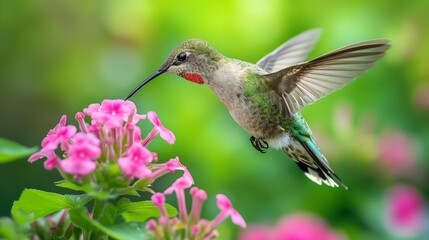 Fototapeta premium A hummingbird hovers gracefully, sipping nectar from a vibrant pink flower, its iridescent feathers shimmering in the sunlight.