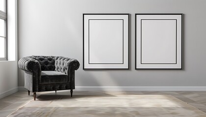 Two square frames on a light gray wall in a living room with a dark gray velvet armchair and a soft...