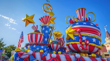 vibrant parade float adorned with patriotic colors and symbols against a clear blue sky