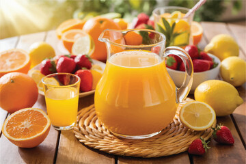 Fototapeta premium Fresh orange juice in glass beaker, slices of sliced oranges and basket on background of spring green nature with sunbeams. Vitamins and fruits. Healthy lifestyle. Spring background with orange juic