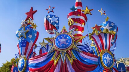 Fototapeta premium vibrant parade float adorned with patriotic colors and symbols against a clear blue sky