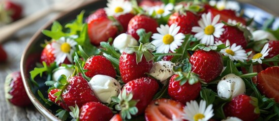 Obraz premium Summer Salad with Vegetarian Delights: Lime, Arugula, Strawberries, Mozzarella, Mint, and Daisies