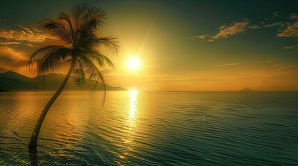 A serene evening with a palm tree standing at the edge of a lagoon, the setting sun casting a golden light over the calm waters.