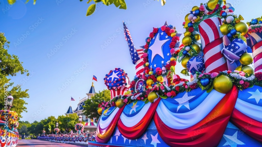 Wall mural vibrant parade float adorned with patriotic colors and symbols against a clear blue sky