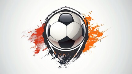 A soccer ball in an abstract, orange and black paint splattered design.