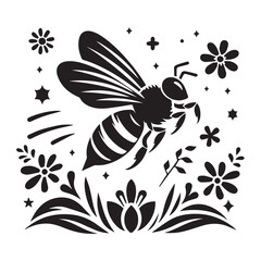 Vector Art of Detailed Honeybee with Spread Wings and Abstract floral Background, Ideal for Logos, Tattoos, and Graphic Design.