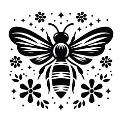 Flowers Black silhouette stylish bee vector illustration art tattoo design with a white background.