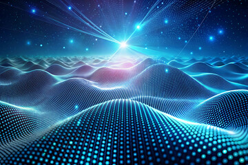 3D Wave Landscape with Dots and Binary Code, Digital Processing and Virtual Reality