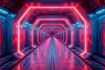 Futuristic neon-lit corridor with hexagonal architecture