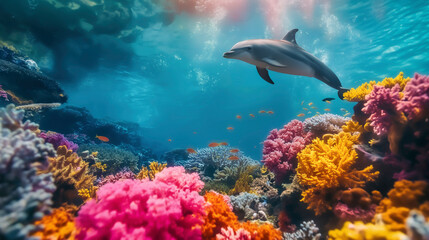 Under the sea with a dolphin and school of fish and colored coral reef teeming, The perfection and beauty of nature and marine conservation.