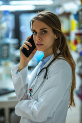 a confident doctor talking to the phone in emergency care room