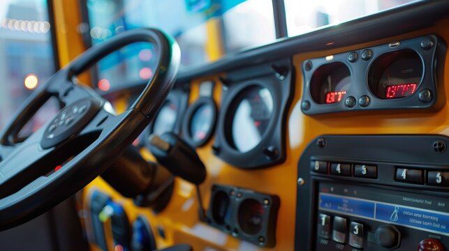 School Bus Dashboard Close-Up Showing Controls and Safety Features for Driver Functionality