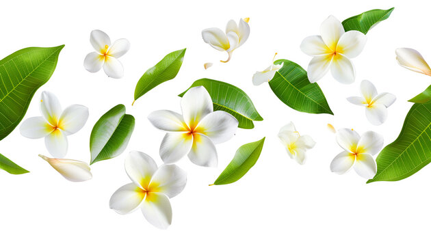 Fresh flying plumeria flowers and leaves isolated on white