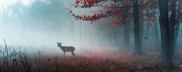 A deer blending into the colors of a foggy morning.