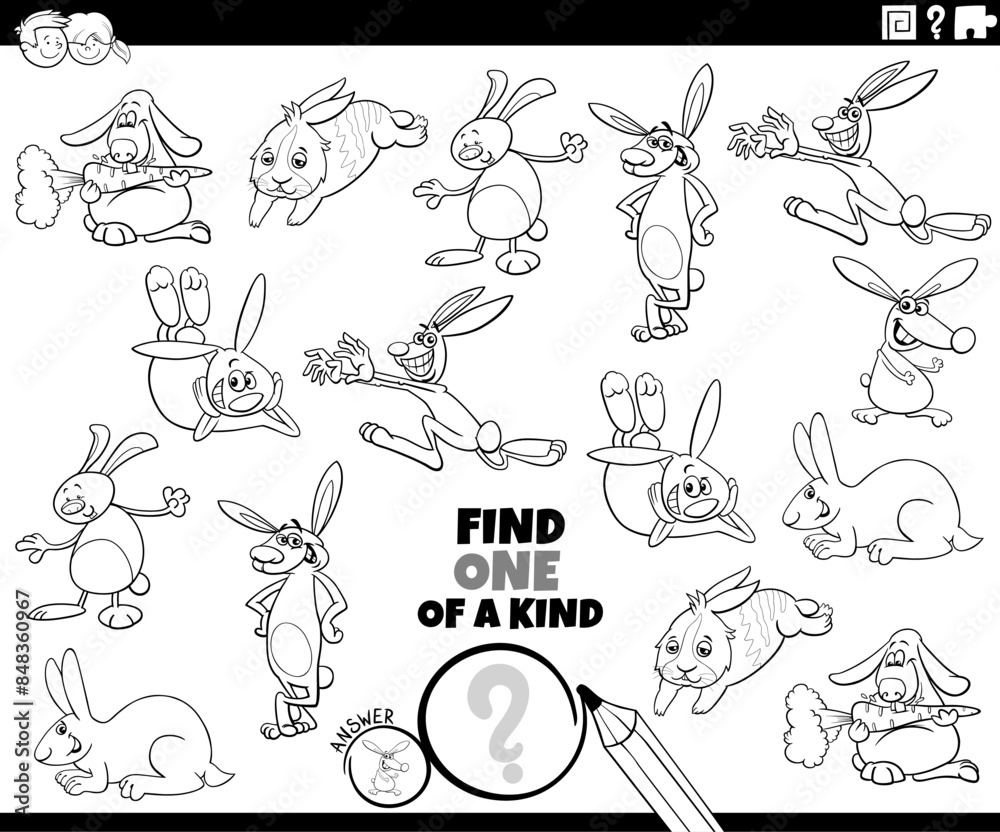 Wall mural one of a kind game with cartoon rabbits coloring page - Wall murals