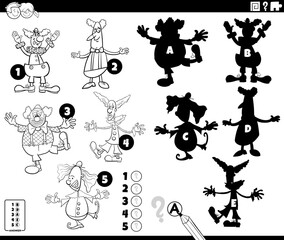 finding shadows activity with cartoon clowns coloring page