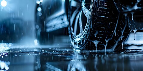 Detailed shot of car wheel being washed with soapy water and reflecting light. Concept Car Washing, Detailed Shot, Soapy Water, Reflection, Light Effects