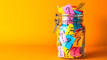 Colorful sticky notes with question marks in a glass jar on a vibrant orange background. Conceptual image for creativity, brainstorming, and problem-solving. Isolated and bright composition. AI