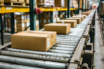 Obraz premium Cardboard boxes on conveyor rollers