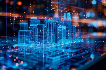 A futuristic digital city model with blue glowing lights and data points, representing smart city technology and digital transformation.