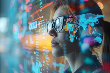 Businesswoman analyzing global data on digital screen, technology and innovation in business, futuristic analytics, data visualization concept.