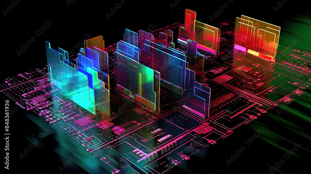 Poster Abstract motherboard structure with blocks and chips in purple and blue neon lights. Technology background with microchips on hardware circuitboard.