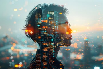 Double exposure of a silhouette with cityscape, blending human and urban elements, illustrating modern life, technology, and urbanization.