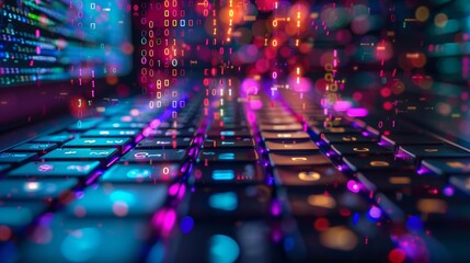 Dynamic digital background featuring a vibrant keyboard with flowing data streams, symbolizing modern technology and cybersecurity.